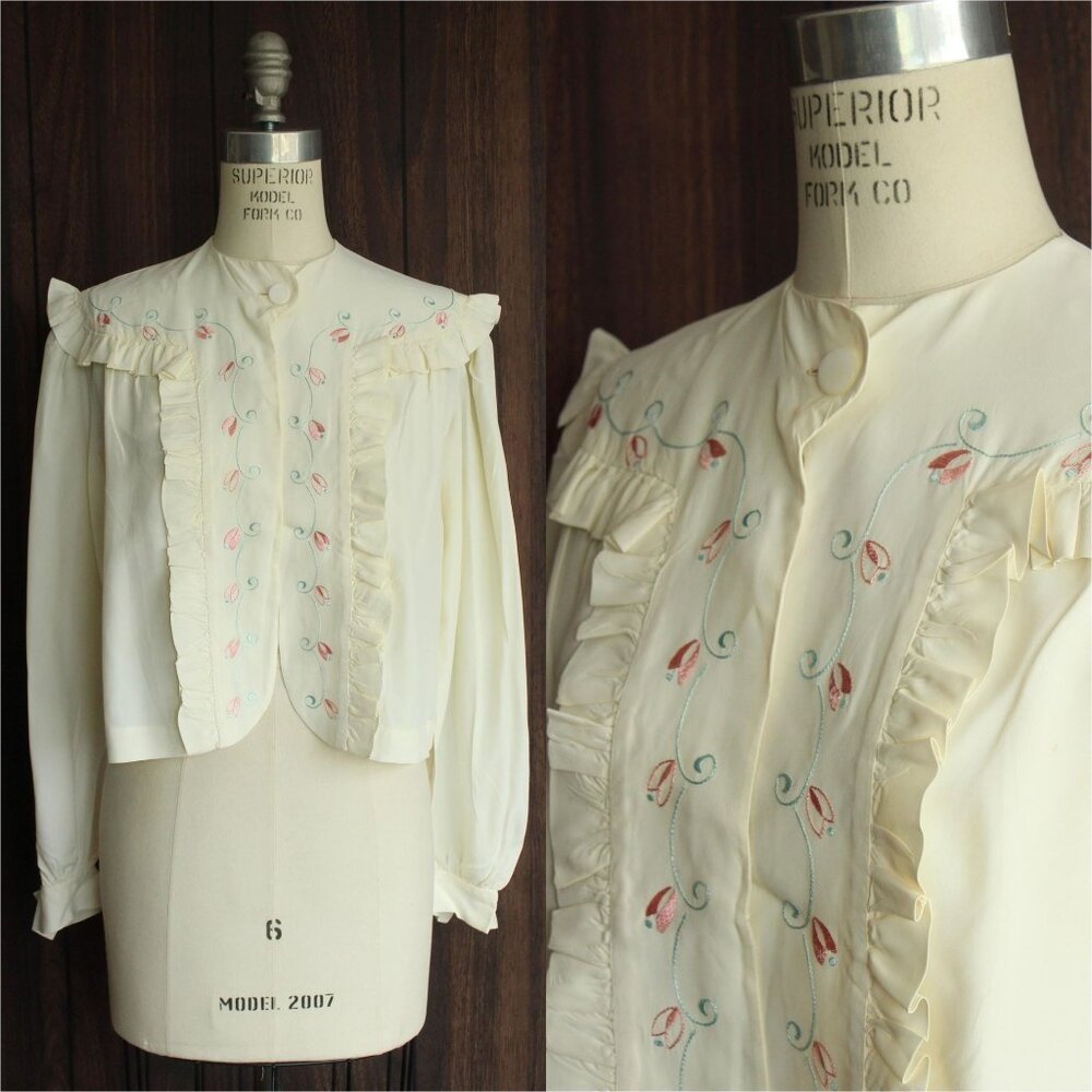 Vintage 1940s Bed Jacket, Winter White Rayon with Blue and Pink Embroidery Short